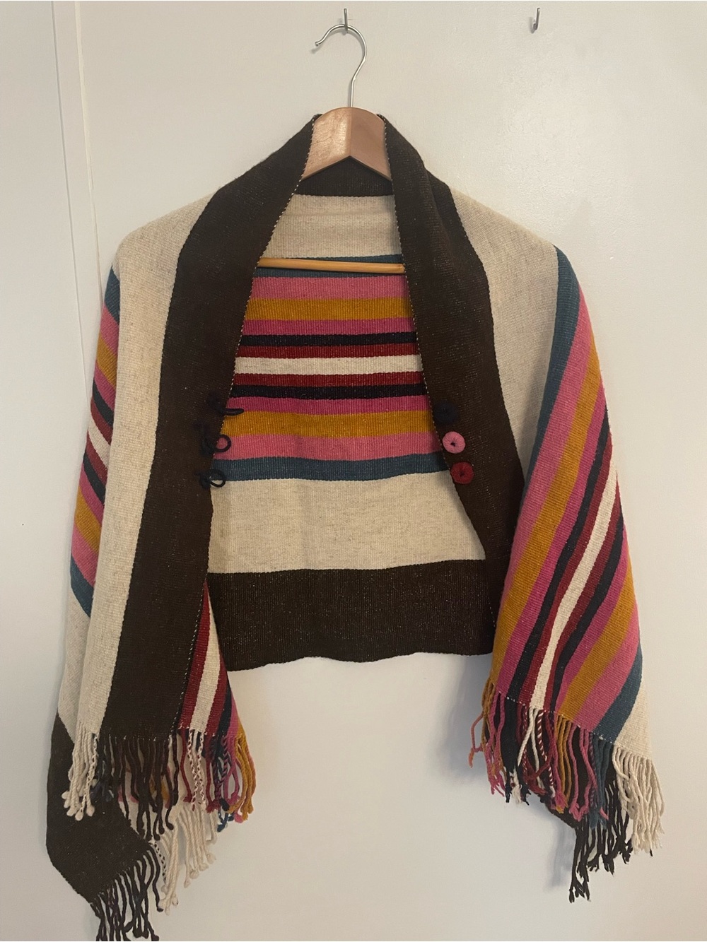 Vintage Colombian Wool Ruana Hand Woven Multi Striped Poncho Cape W/Fringe Boho